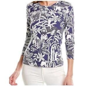 J. McLaughlin Catalina Cloth Monkey Lemur Jungle Print Top Navy White 3/4 Sleeve
